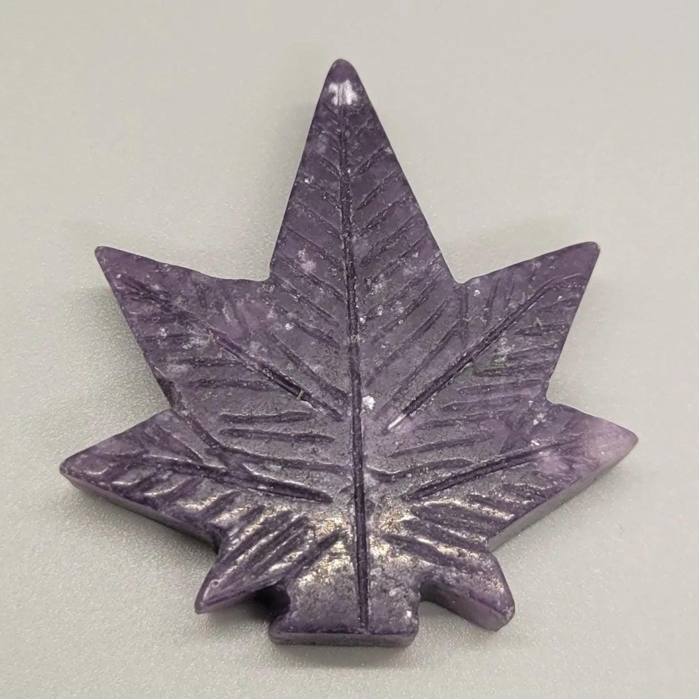 Lepidolite  Crystal Cannabis Leaf Stone Carving, Weed Leaf, Cannabis Leaf